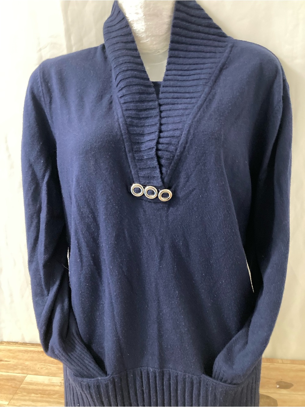 RABE Navy Shawl Collar Knit Sweater Women 46 XL